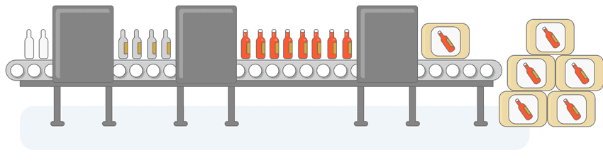 Illustration of a production line with inventory piling up.